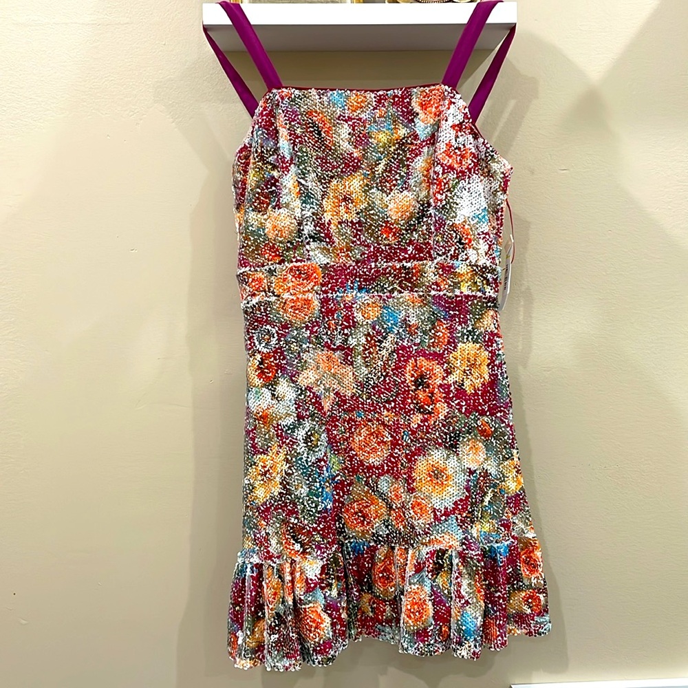 NWT sequin floral cherry red mini orange multi ruffle frill hem empire fitted XS